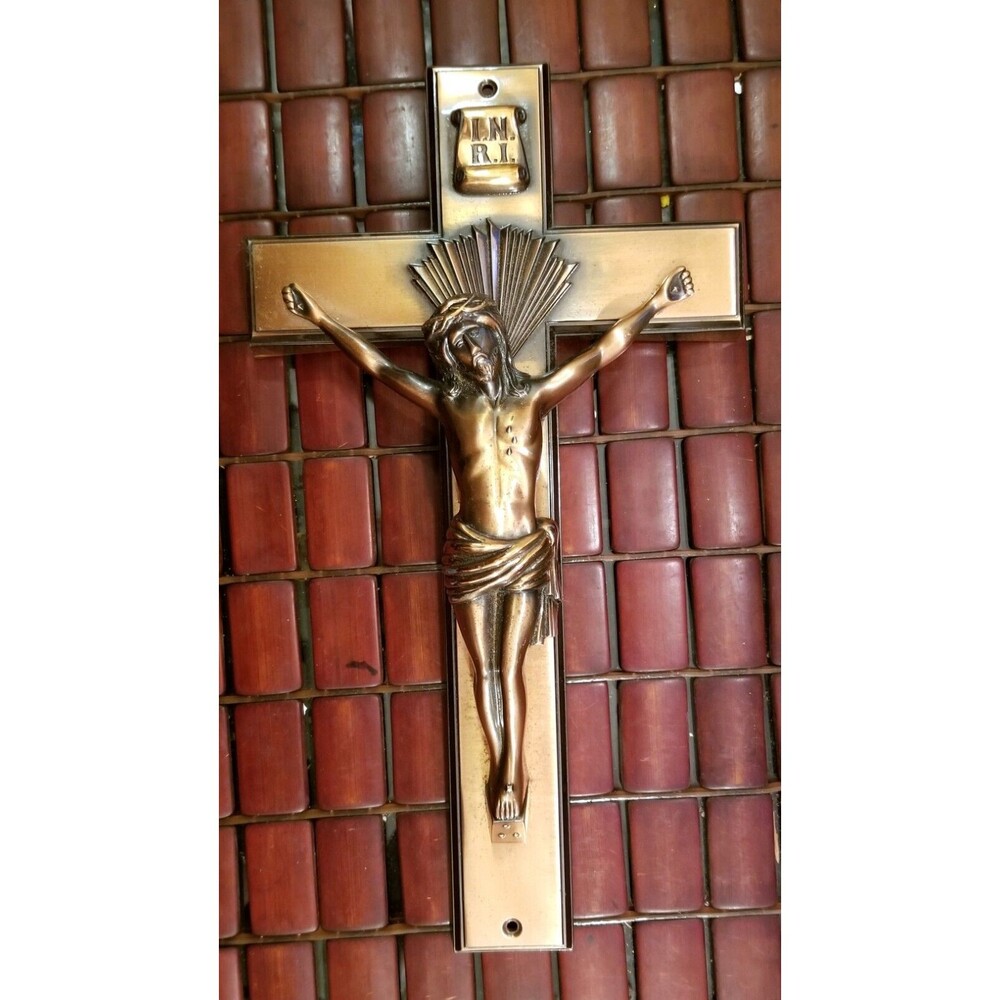 Vintage Parsons Curved Bronze Crucifix Casket Topper 14"x8"